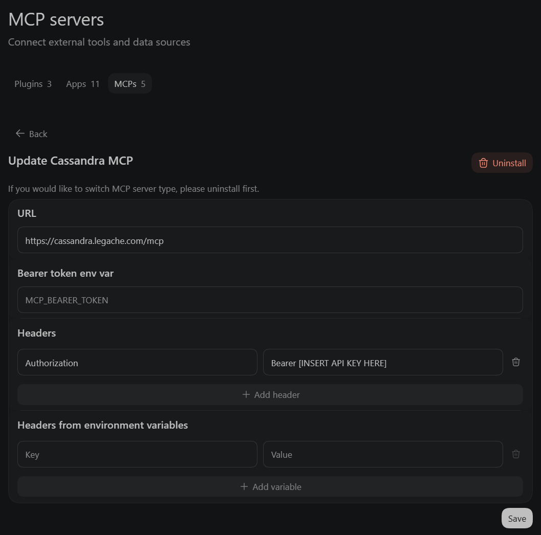 MCP settings showing the Cassandra server URL and an Authorization header with a Bearer API-key placeholder.